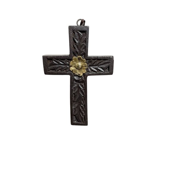 Vintage Hand-Carved Wooden Cross With Floral Brass Accent & Leather Strap - Picture 1 of 4